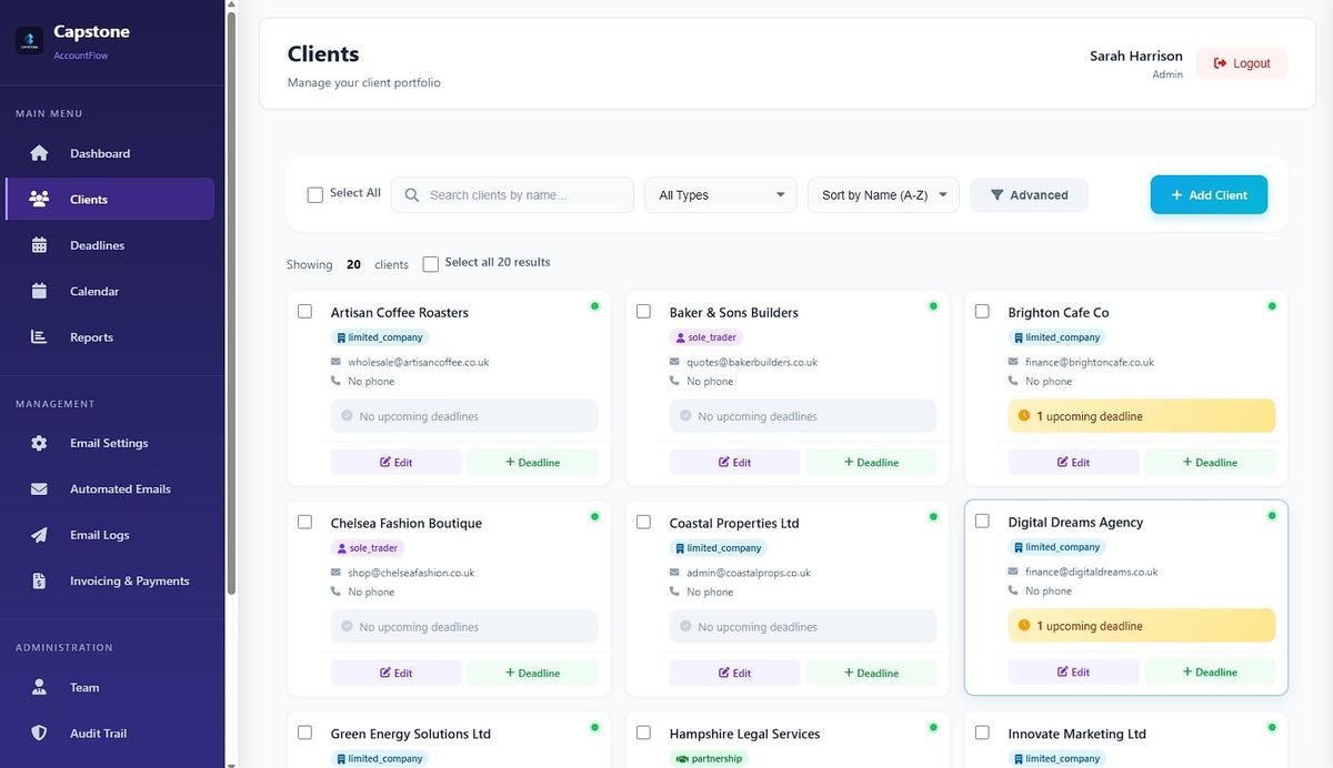 AccountFlow client management — sole traders, limited companies, partnerships