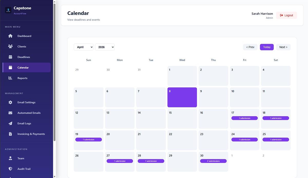 AccountFlow calendar — month view showing all client submissions